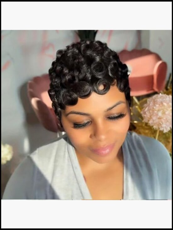 Pixie Cut Curly Human Hair Wig Glueless Wear and Go Short Layered Bangs main image 6